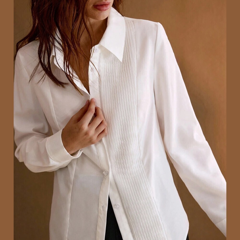 White Pintuck Pleated Front Collared Long Sleeve Button Up Shirt